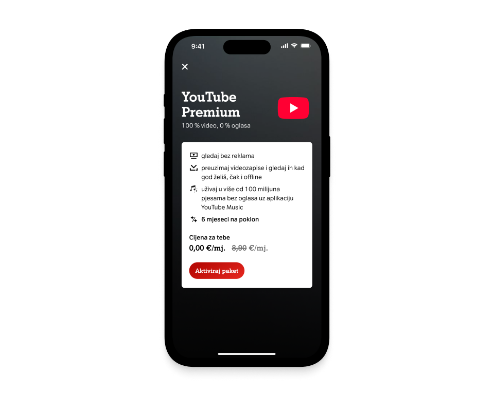 Odabir YouTube Premium paketa u Moj A1 aplikaciji