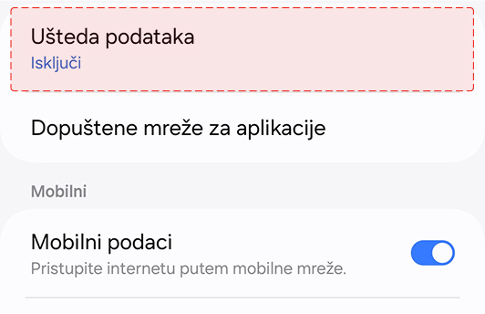 Uključi način rada s niskom potrošnjom podataka (Android) - U ovom izborniku odaberi opciju 'Ušteda podataka'