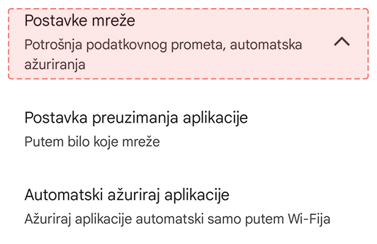 Ograniči automatska ažuriranja i preuzimanja (Android) -  U ovom izborniku odaberi opciju 'Postavke mreže'