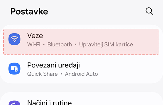 Ako putuješ unutar EU, uključi podatkovni roaming (Android) - U postavkama uređaja pronađi 'Veza' i odaberi tu opciju