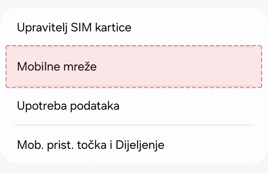 Ako putuješ unutar EU, uključi podatkovni roaming (Android) - U ovom izborniku odaberi opciju 'Mobilne mreže'