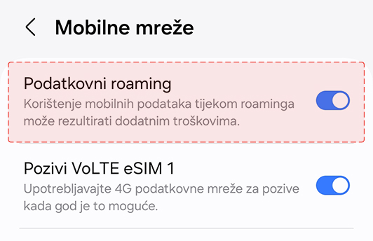 Ako putuješ unutar EU, uključi podatkovni roaming (Android) - U ovom izborniku odaberi opciju 'Podatkovni roaming'