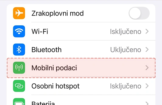 Ako putuješ unutar EU, uključi podatkovni roaming (iOS) - U postavkama uređaja pronađi 'Mobilni podaci' i odaberi tu opciju