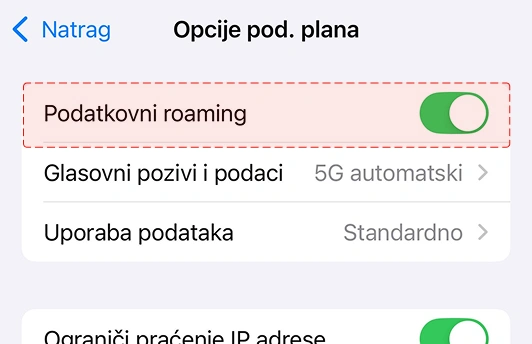 Ako putuješ unutar EU, uključi podatkovni roaming (iOS) - U ovom izborniku odaberi opciju 'Podatkovni roaming'