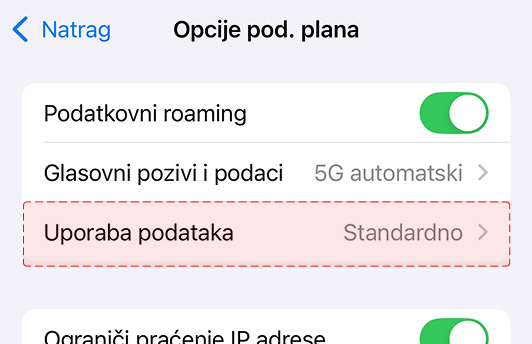 Uključi način rada s niskom potrošnjom podataka (iOS) - U ovom izborniku odaberi opciju 'Uporaba podataka'