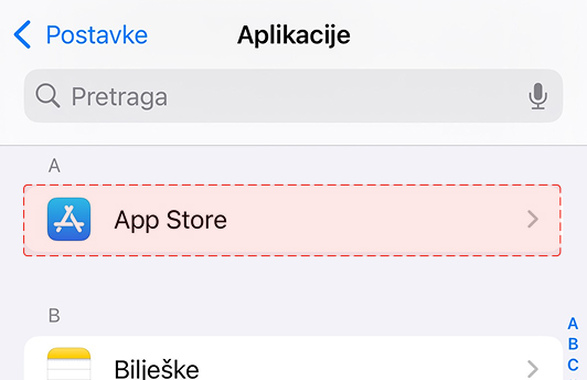 Ograniči aplikacije koje troše puno interneta (iOS) - U ovom izborniku odaberi opciju 'App store'