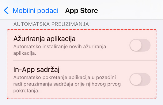 Ograniči aplikacije koje troše puno interneta (iOS) - U ovom izborniku odaberi opciju 'Ažuriranje aplikacija/in-app sadržaj'