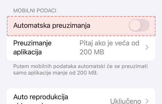 Ograniči aplikacije koje troše puno interneta (iOS) - U ovom izborniku odaberi opciju 'Automatsko preuzimanje'