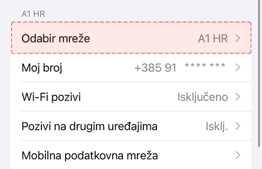 Postavi automatski odabir mreže (iOS) - u ovom izborniku odaberi opciju 'Odabir mreže'