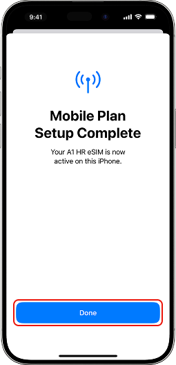 Klikni Gotovo. Aktivacija eSIM-a je uspješno dovršena!